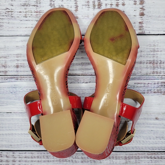 Calvin Klein Cimi Red Patent Open Toe Block Heel Sandals | 8 - Picture 9 of 11